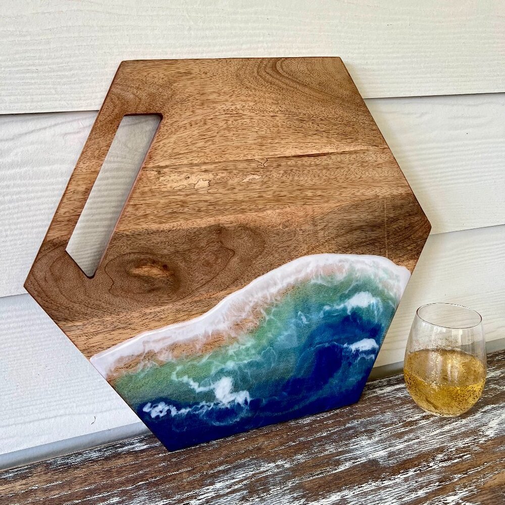 Ocean Waves Resin Wooden Cutting Board Charcuterie Board with Handle Cheeseboard